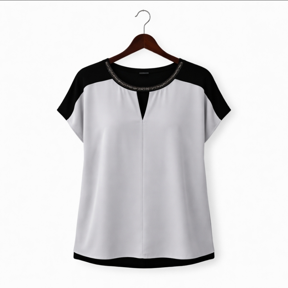 Lane Bryant Black White Beaded Metallic Blouse Plus Sz 14/16